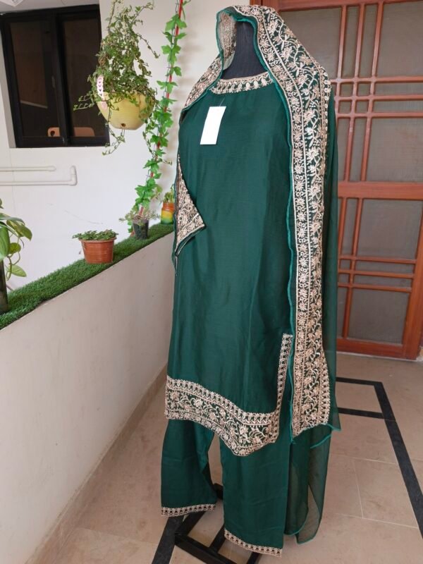 Green Chiffon Embroidered 3-Piece Suit - Image 3