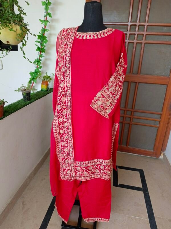 Red Chiffon Embroidered 3-Piece Suit