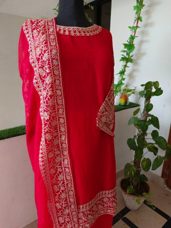 Red Chiffon Embroidered 3-Piece Suit - Image 2