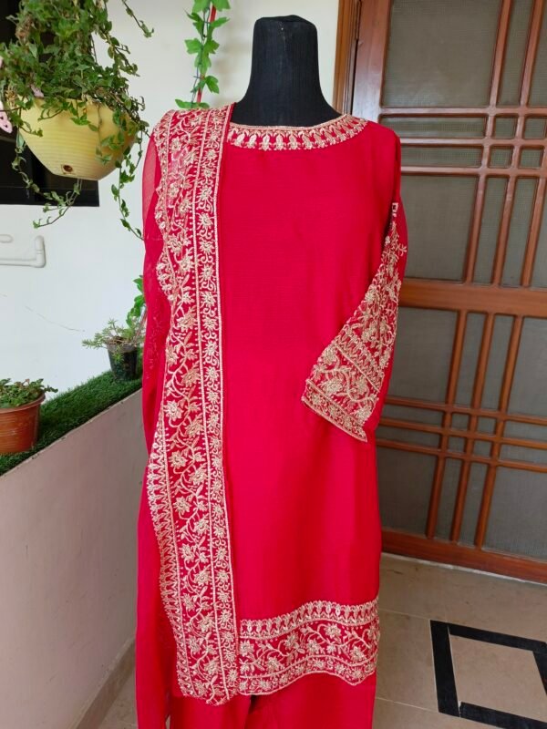 Red Chiffon Embroidered 3-Piece Suit - Image 4