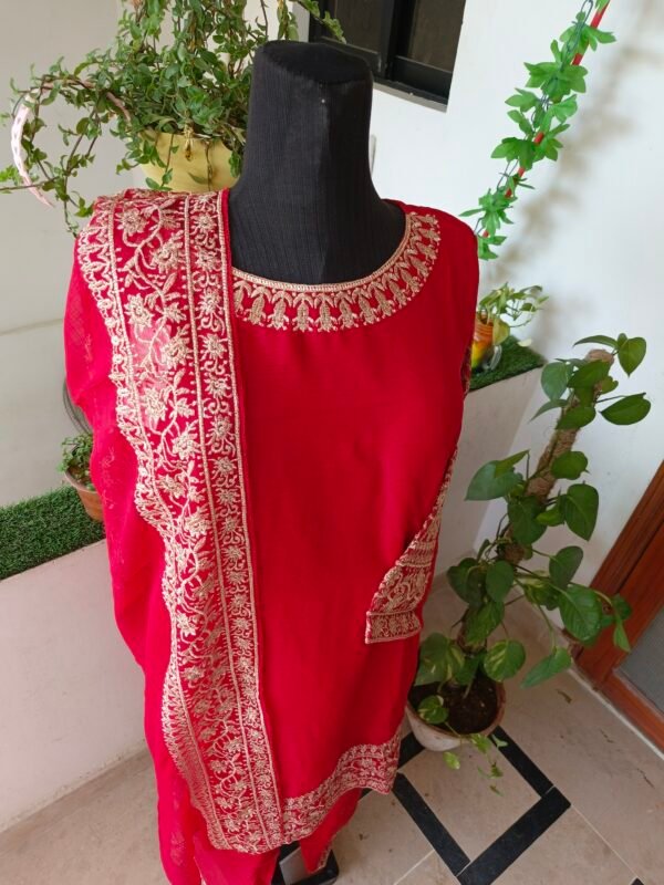 Red Chiffon Embroidered 3-Piece Suit - Image 3