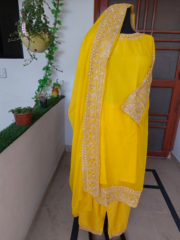 Yellow Chiffon Embroidered 3-Piece Suit