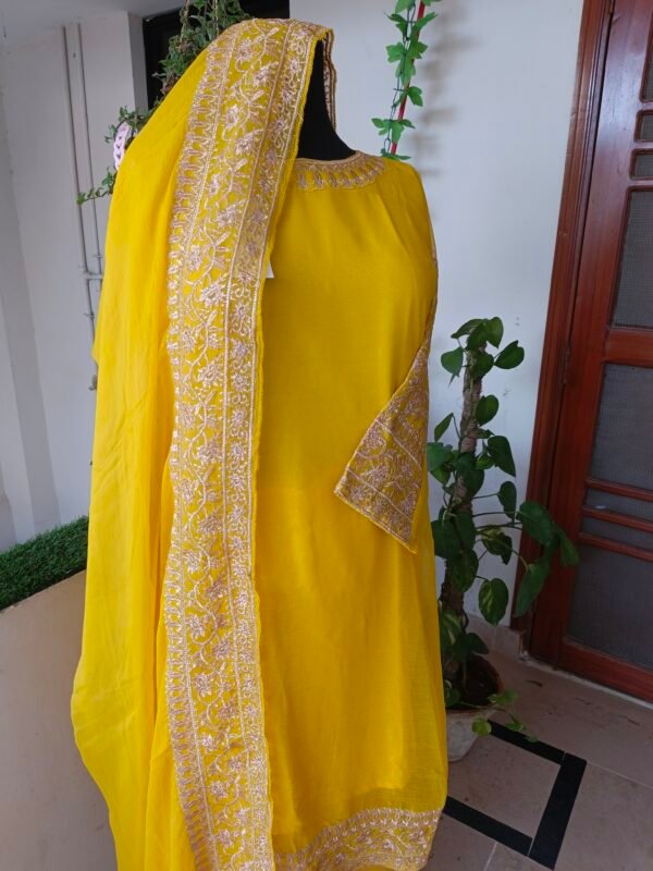 Yellow Chiffon Embroidered 3-Piece Suit - Image 3