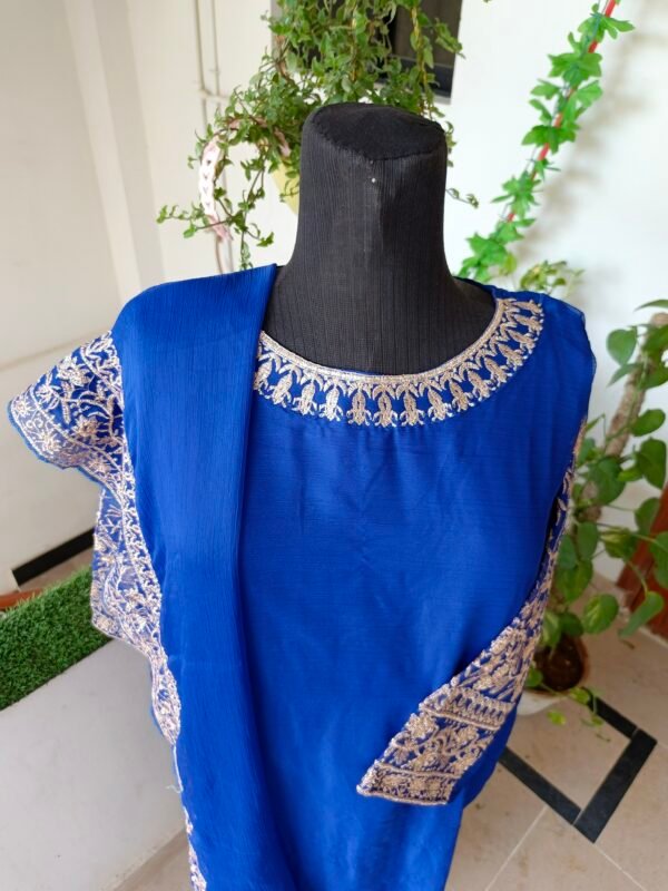 Dark Blue Chiffon Embroidered 3-Piece Suit - Image 2