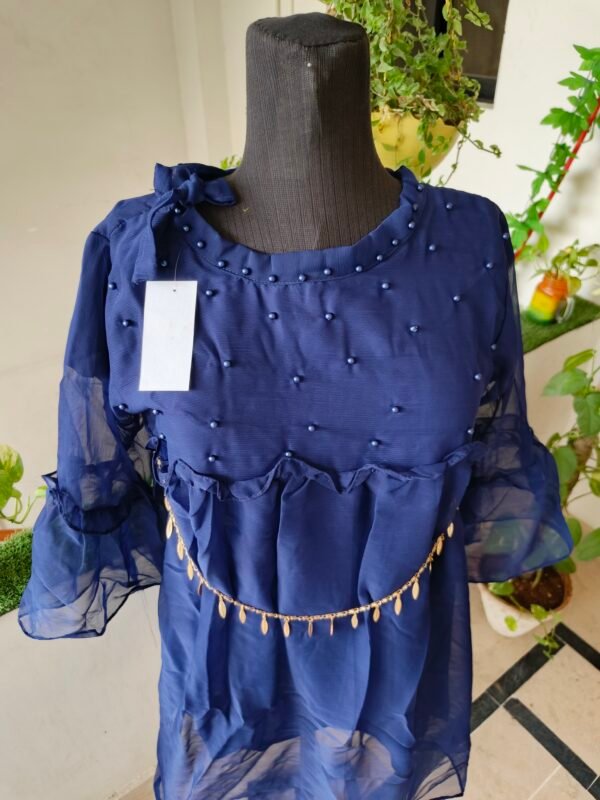 Navy Blue Pearl Chiffon Top - Image 2